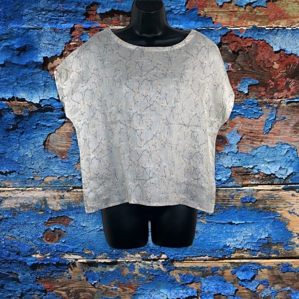 Cynthia Rowley 100% Linen Blouse Cream with gray and gold abstract flowers Sz Sm